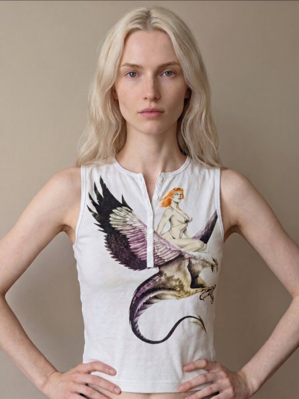 Women's Custo Barcelona Sleeveless Henley Tank with Fantasy Dragon